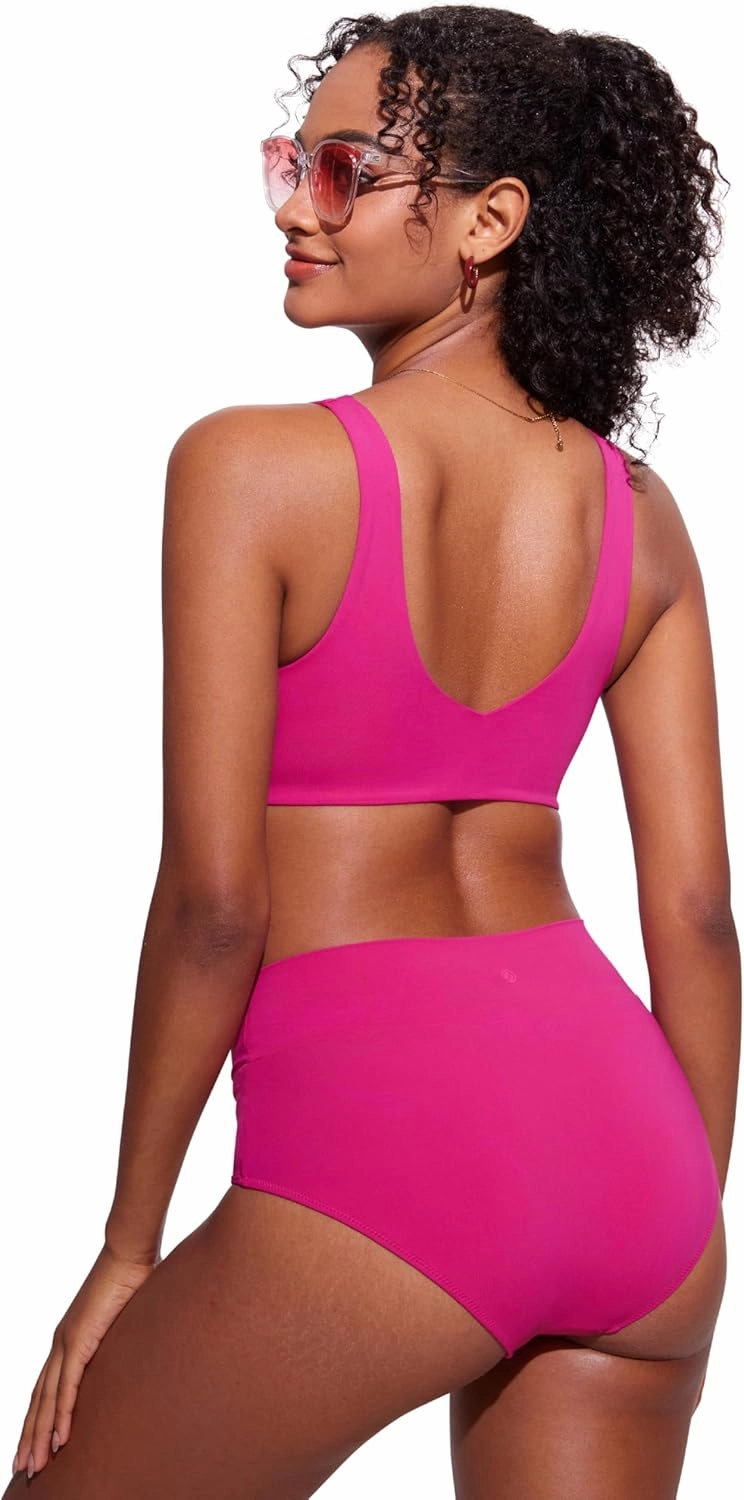 CRZ YOGA Womens V Neck Bikini Tops Bathing Suit V Back Wide Straps Swim Bra Padded Swimsuit