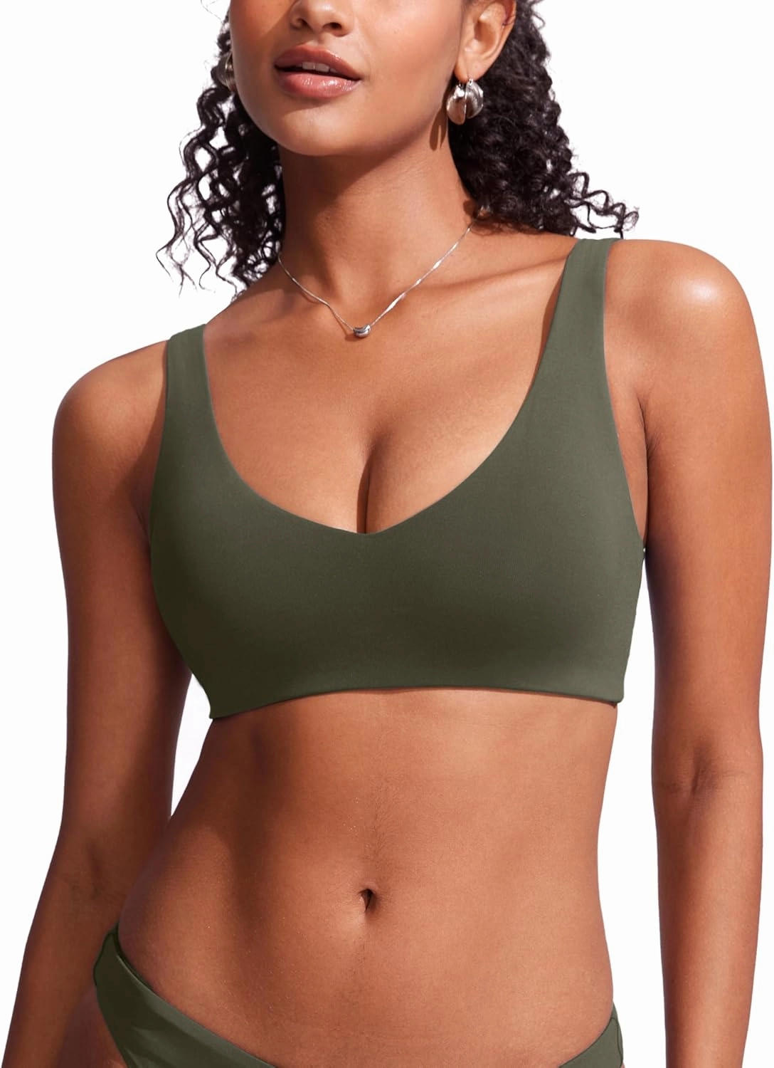 CRZ YOGA Womens V Neck Bikini Tops Bathing Suit V Back Wide Straps Swim Bra Padded Swimsuit