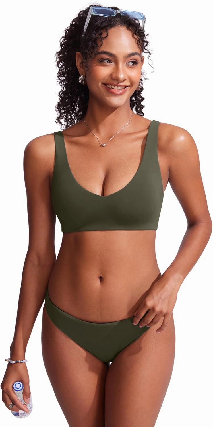 CRZ YOGA Womens V Neck Bikini Tops Bathing Suit V Back Wide Straps Swim Bra Padded Swimsuit
