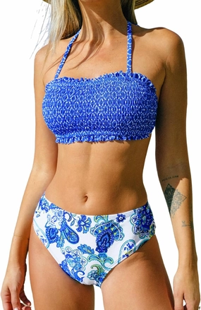 CUPSHE Bikini Set for Women Two Piece Swimsuit Bandeau Top Back Tie Mid Waisted Bottom with Removable Shoulder Straps