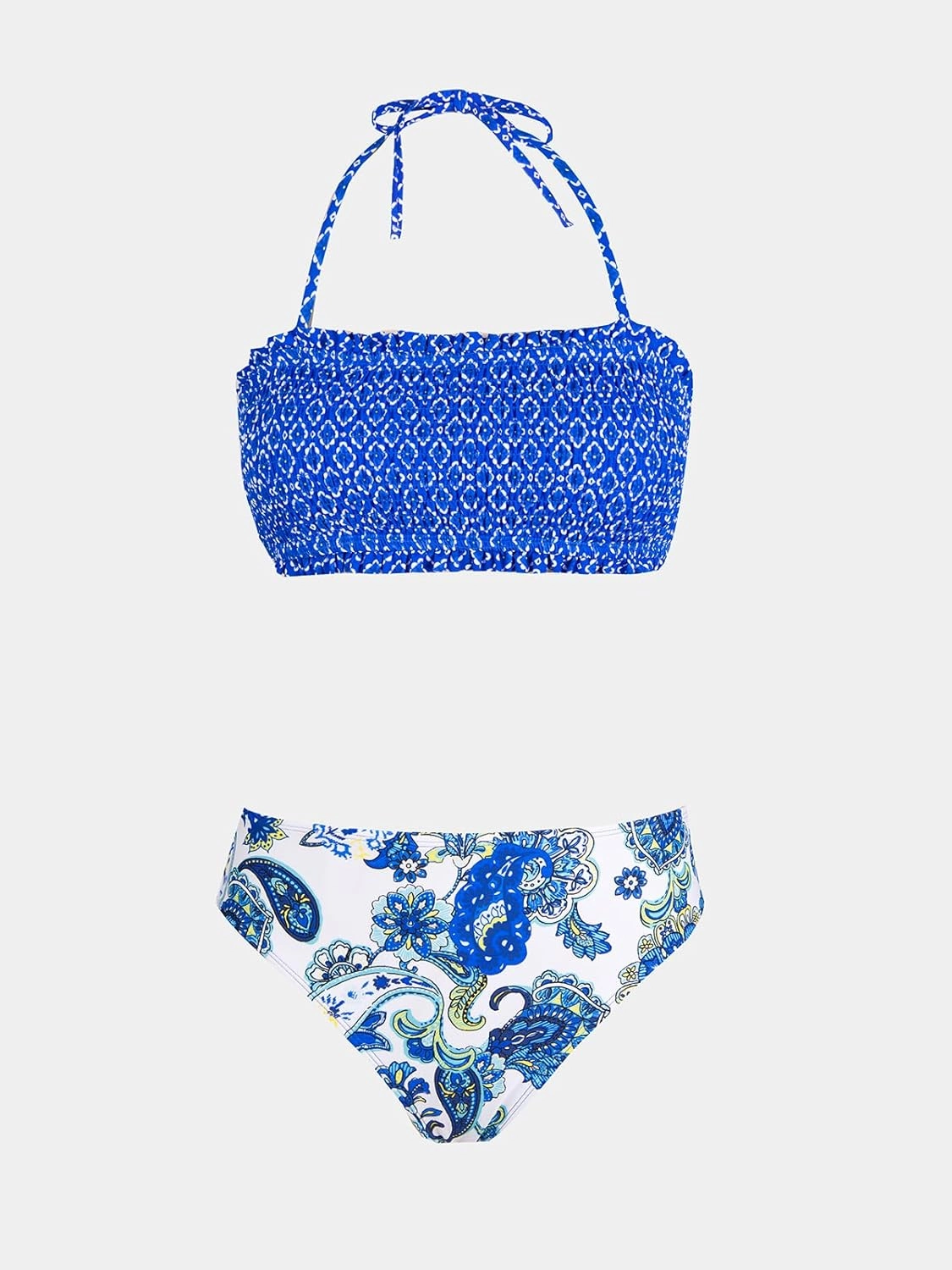 CUPSHE Bikini Set for Women Two Piece Swimsuit Bandeau Top Back Tie Mid Waisted Bottom with Removable Shoulder Straps