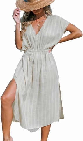 CUPSHE Women Beach Cover Up V Neck Short Sleeve Striped Midi Swimsuit Coverup Dress XS-XXL