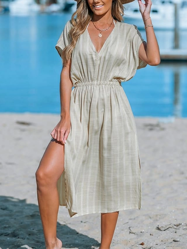 CUPSHE Women Beach Cover Up V Neck Short Sleeve Striped Midi Swimsuit Coverup Dress XS-XXL