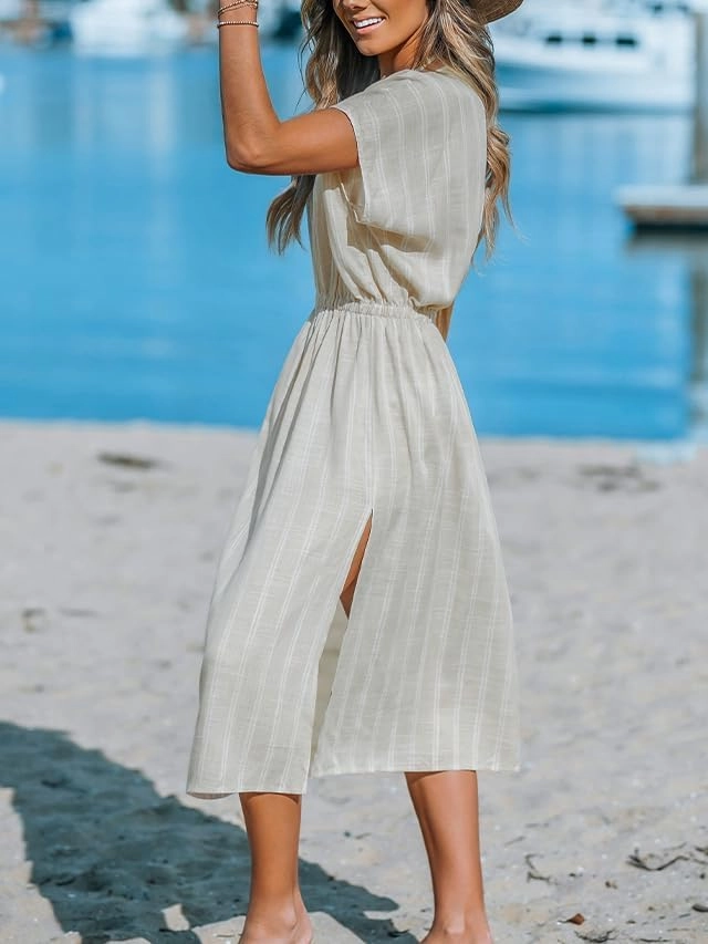 CUPSHE Women Beach Cover Up V Neck Short Sleeve Striped Midi Swimsuit Coverup Dress XS-XXL