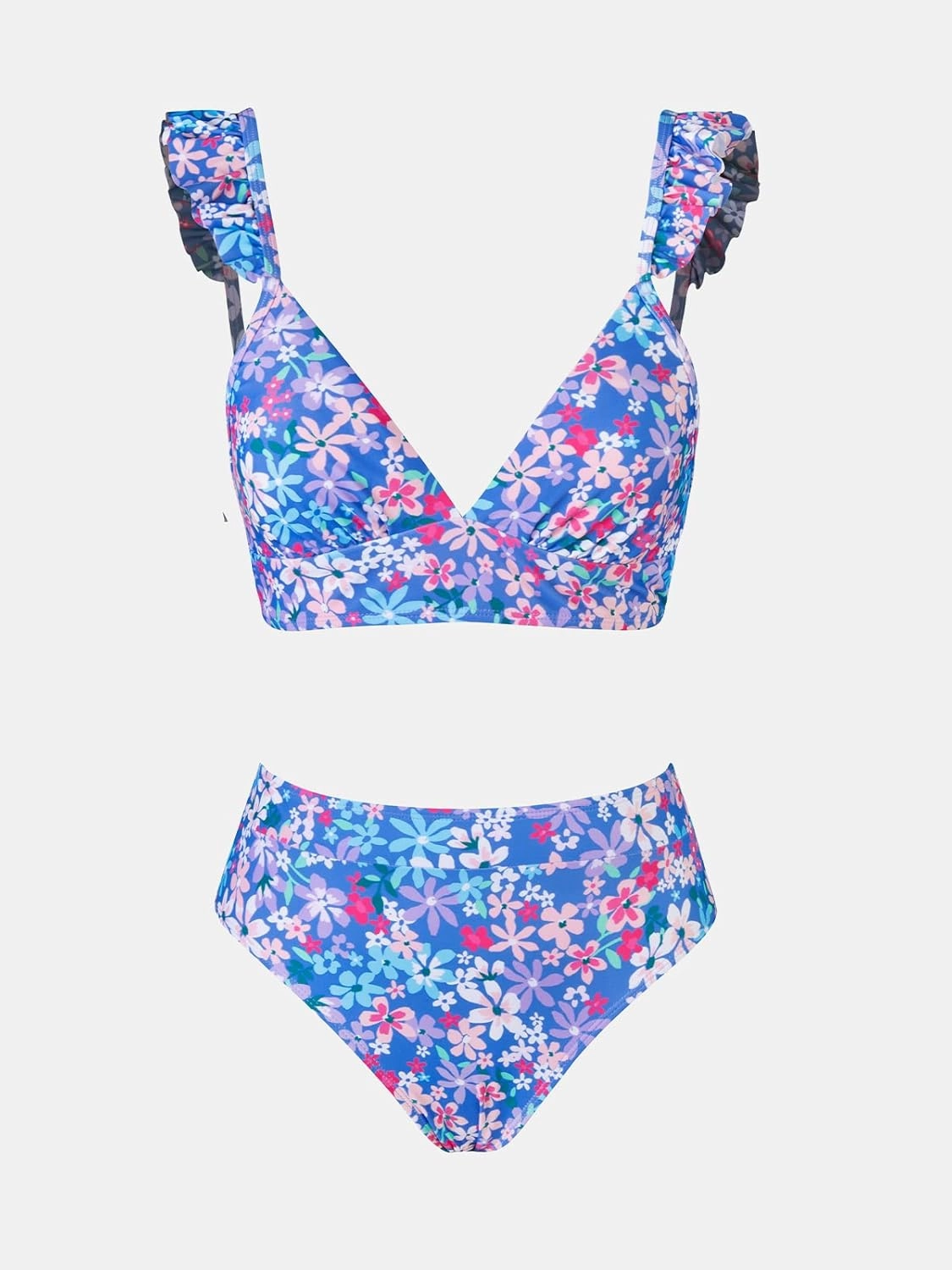 CUPSHE Women Bikini Sets 2 Piece Swimsuit High Waisted Bottom Floral Print Ruffle V Neck Bathing Suits