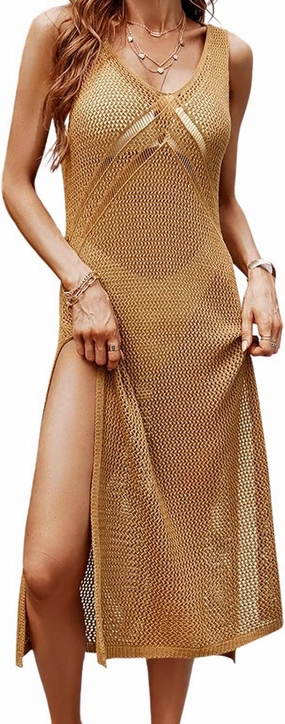 CUPSHE Women Crochet Swimsuit Cover Up Sleeveless Hollow Out Long Swimwear Coverup 2025 Split Mesh Beach Dress