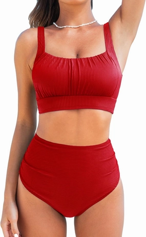 CUPSHE Women's Bikini Sets Two Piece Bathing Suit High Waisted Square Neck Adjustable Straps Ruched