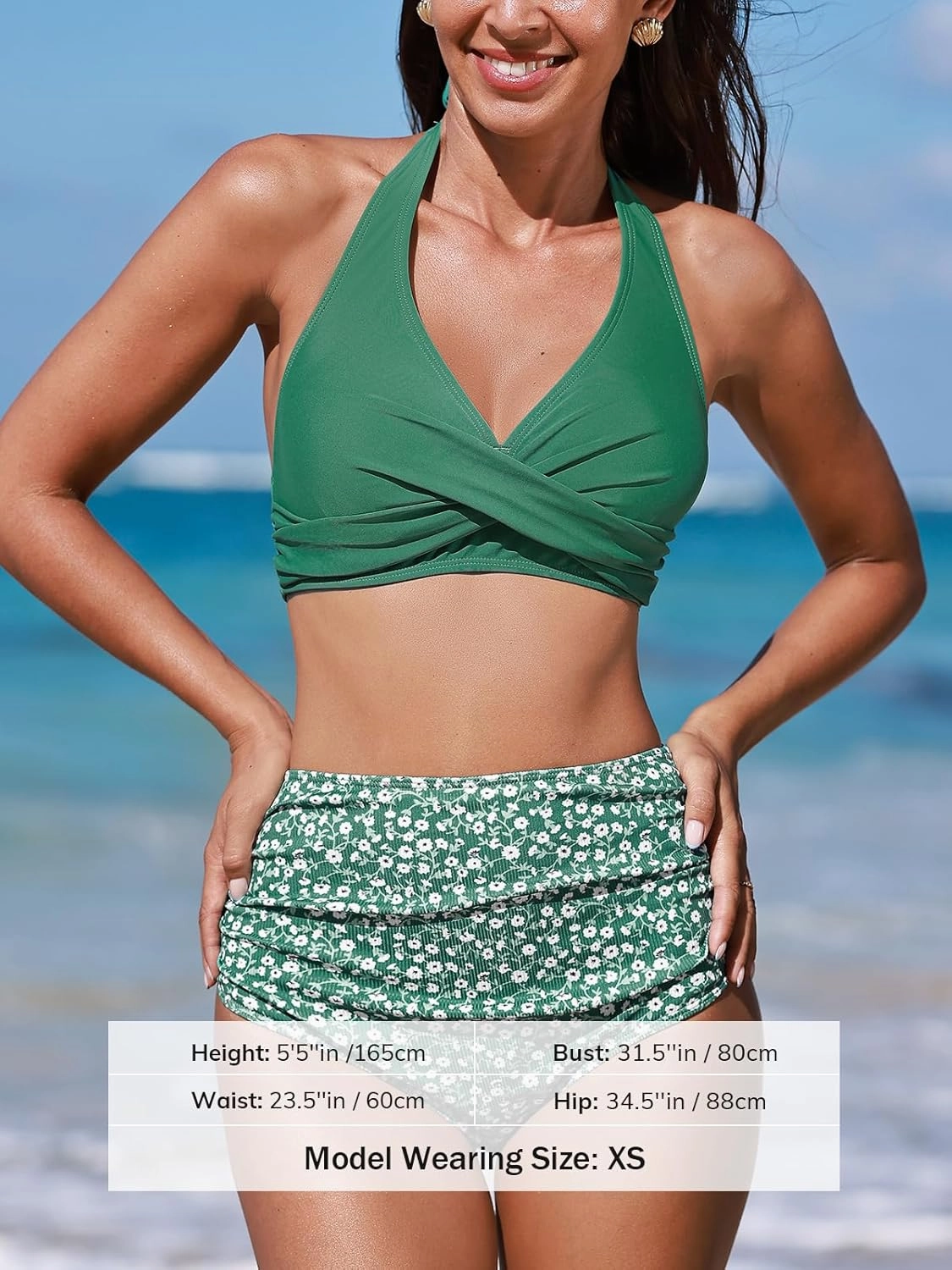CUPSHE Women's Bikini Sets Two Piece Bathing Suit High Waisted V Neck Halter Front Twist Back Hook Textured