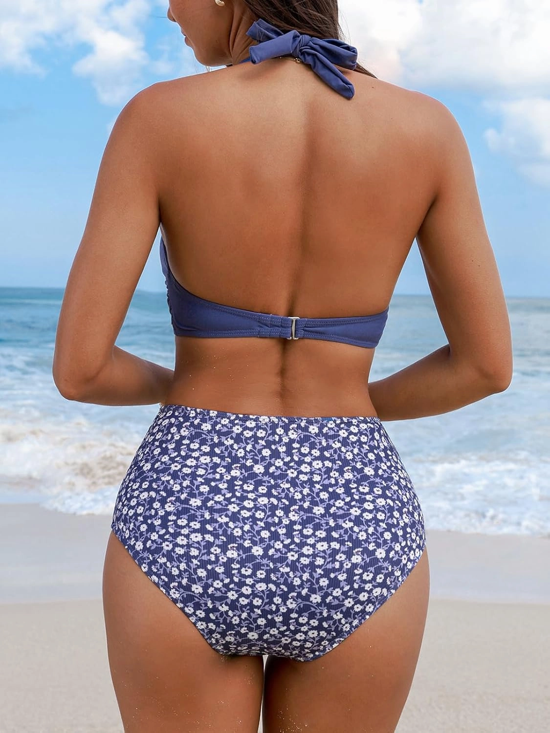 CUPSHE Women's Bikini Sets Two Piece Bathing Suit High Waisted V Neck Halter Front Twist Back Hook Textured