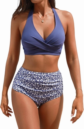 CUPSHE Women's Bikini Sets Two Piece Bathing Suit High Waisted V Neck Halter Front Twist Back Hook Textured