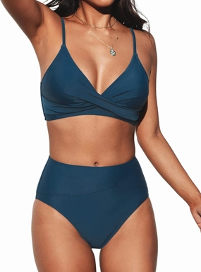 CUPSHE Women's Bikini Sets Two Piece Swimsuit High Waisted V Neck Twist Front Adjustable Spaghetti Straps Bathing Suit