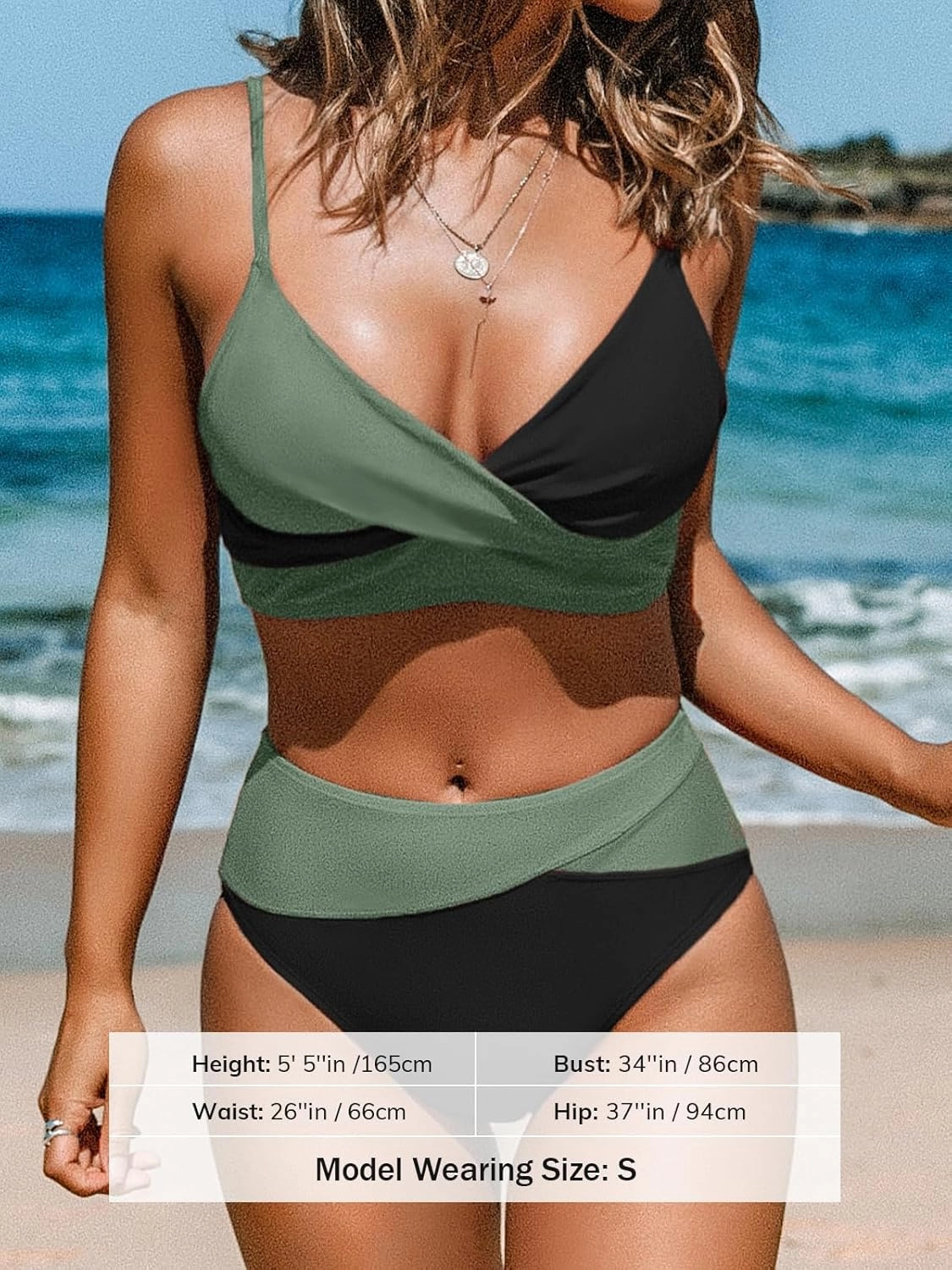CUPSHE Women's Bikini Sets Two Piece Swimsuit High Waisted V Neck Twist Front Adjustable Spaghetti Straps Bathing Suit