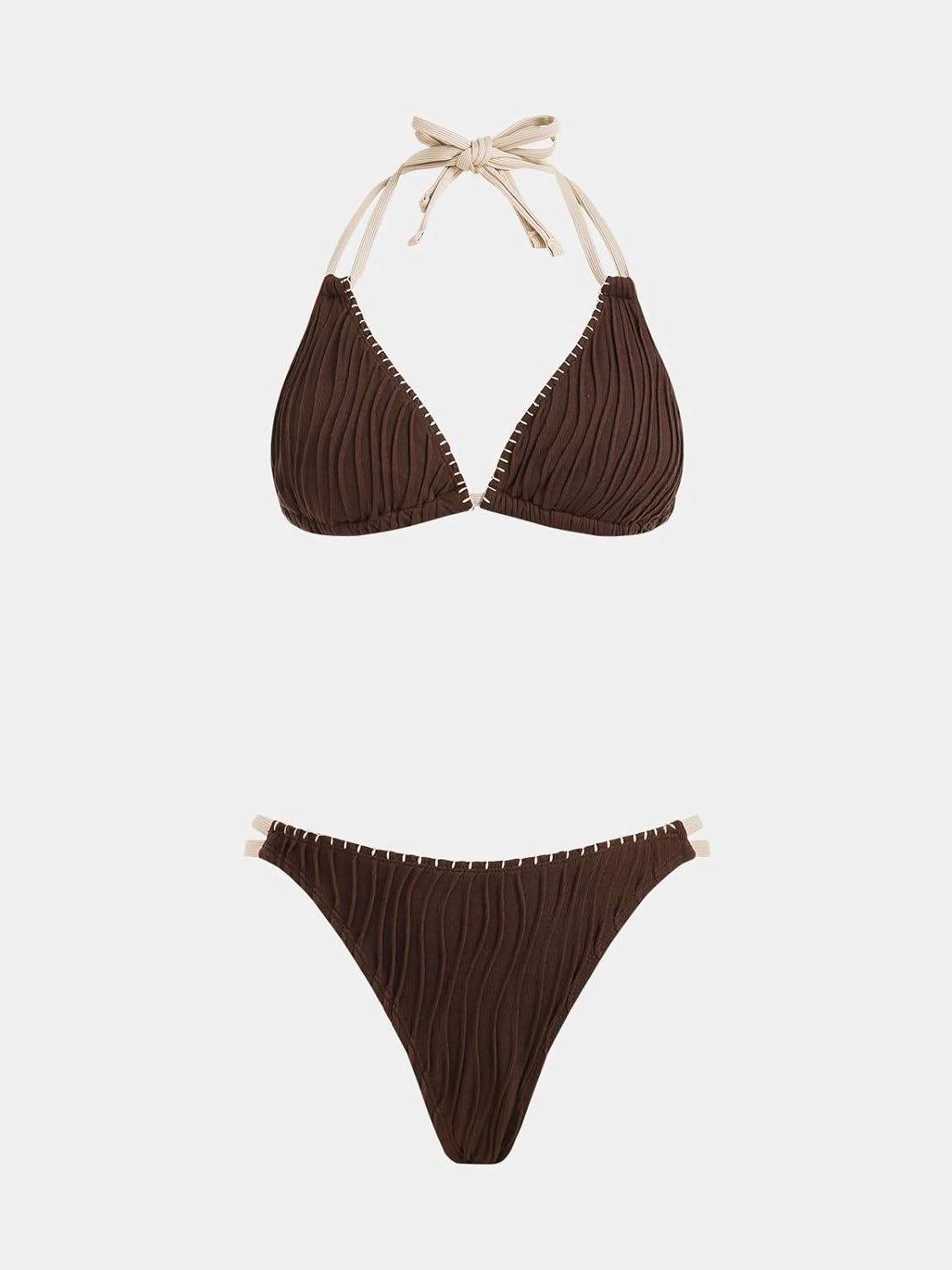 CUPSHE Women's Bikini Sets Two Piece Swimsuit Plunge Neck Cheeky Bottom Triangle Top Halter Double Strap Textured