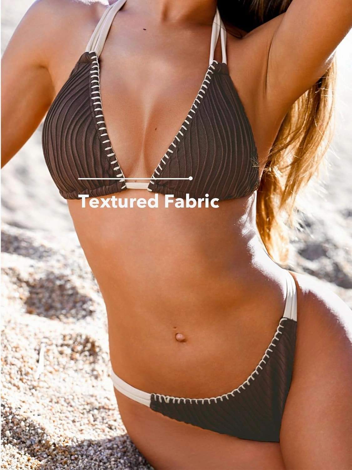 CUPSHE Women's Bikini Sets Two Piece Swimsuit Plunge Neck Cheeky Bottom Triangle Top Halter Double Strap Textured