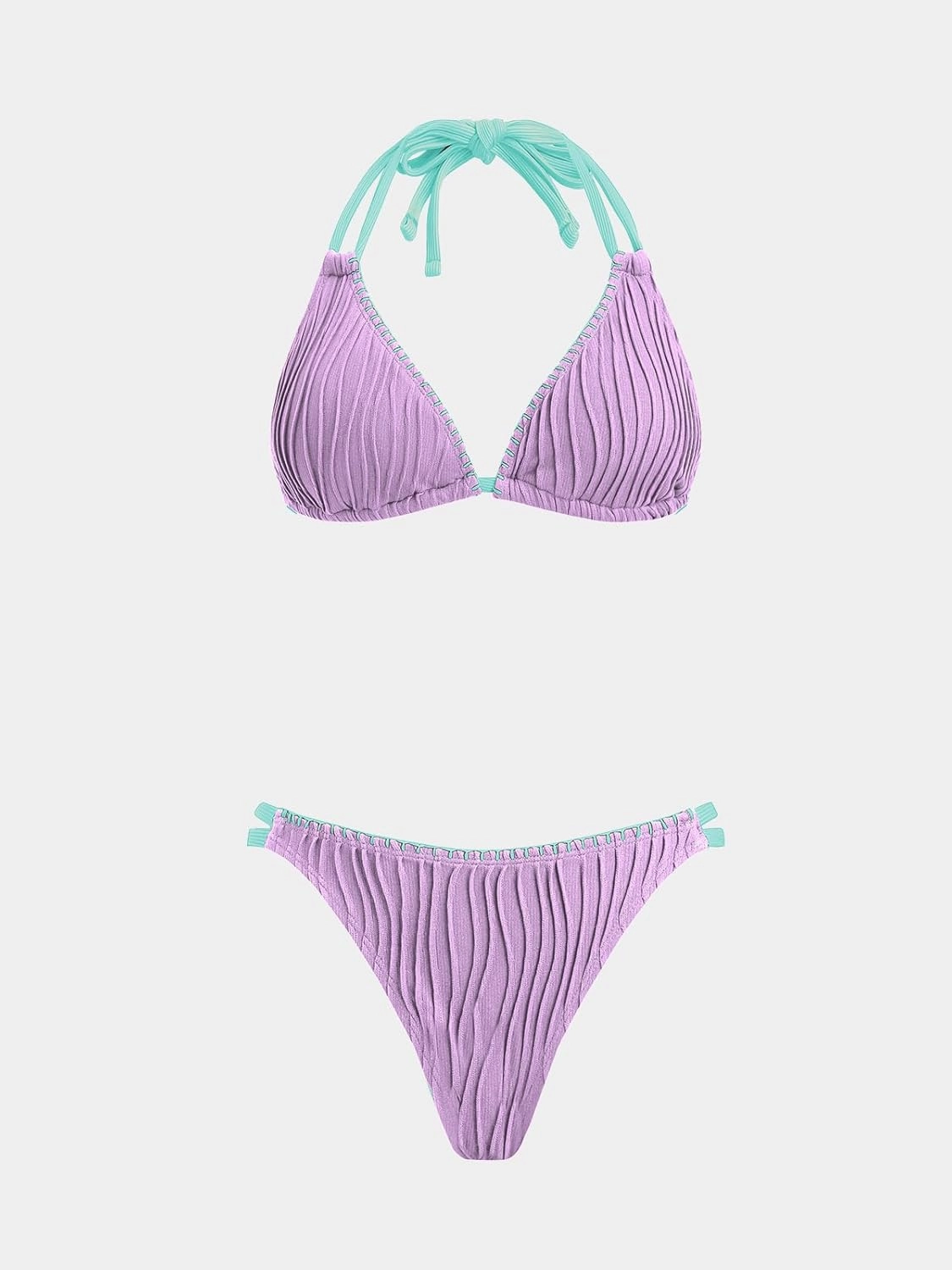 CUPSHE Women's Bikini Sets Two Piece Swimsuit Plunge Neck Cheeky Bottom Triangle Top Halter Double Strap Textured