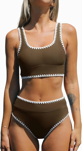 CUPSHE Women's Bikini Sets Two Piece Swimsuit Scoop Neck Tank Wide Straps Midkini Stitching