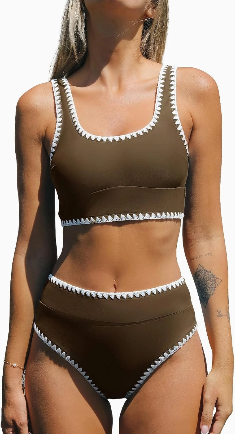CUPSHE Women's Bikini Sets Two Piece Swimsuit Scoop Neck Tank Wide Straps Midkini Stitching