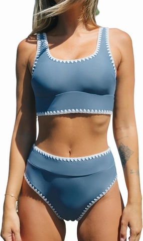 CUPSHE Women's Bikini Sets Two Piece Swimsuit Scoop Neck Tank Wide Straps Midkini Stitching