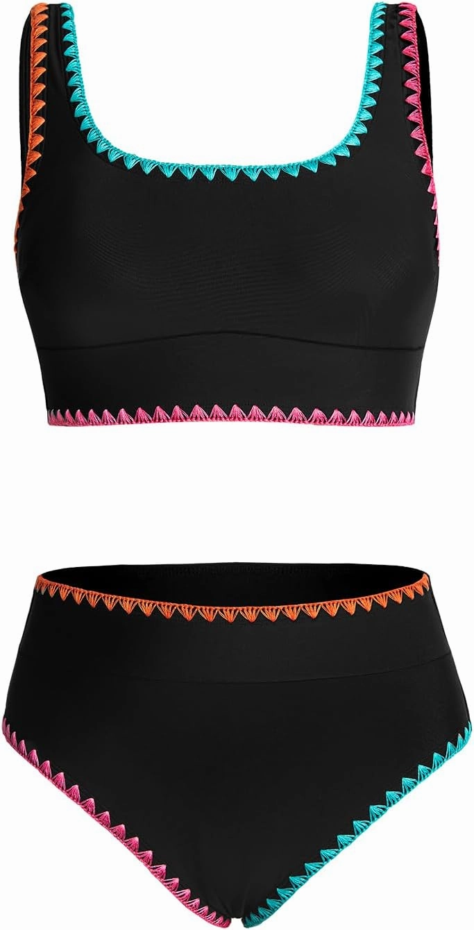 CUPSHE Women's Bikini Sets Two Piece Swimsuit Scoop Neck Tank Wide Straps Midkini Stitching