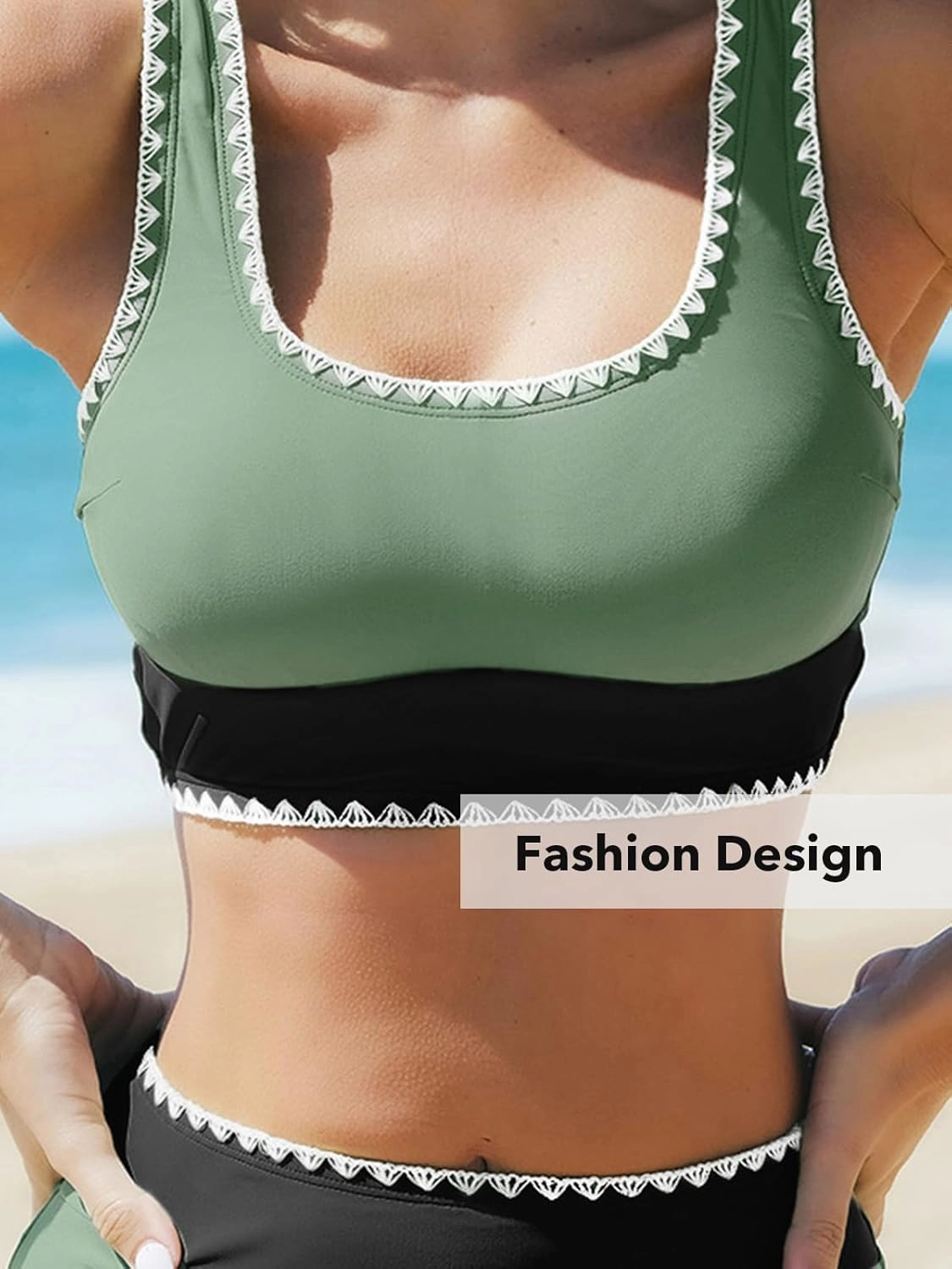 CUPSHE Women's Bikini Sets Two Piece Swimsuit Scoop Neck Tank Wide Straps Midkini Stitching