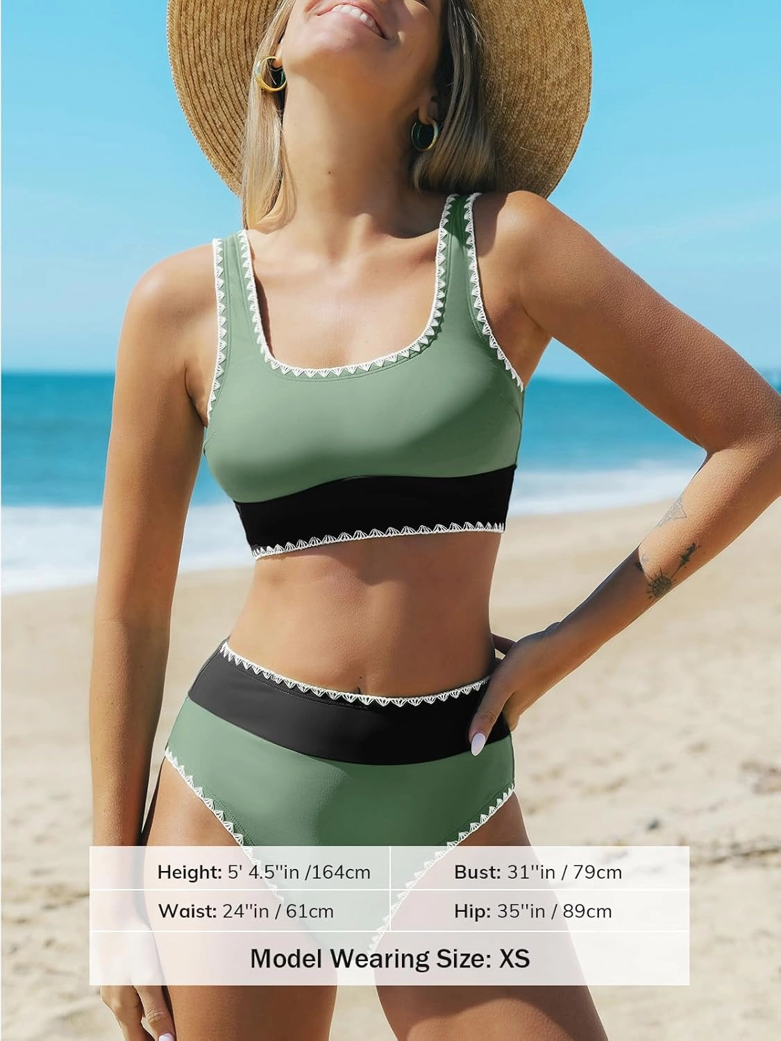 CUPSHE Women's Bikini Sets Two Piece Swimsuit Scoop Neck Tank Wide Straps Midkini Stitching