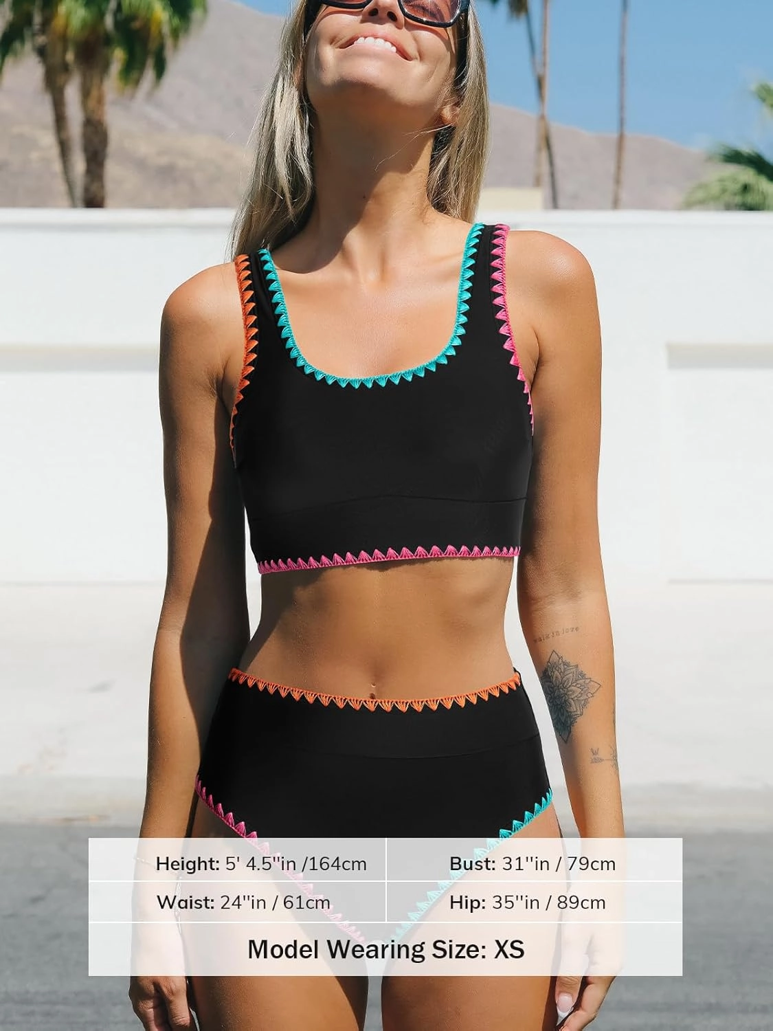 CUPSHE Women's Bikini Sets Two Piece Swimsuit Scoop Neck Tank Wide Straps Midkini Stitching