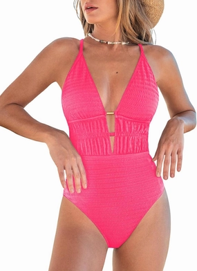 CUPSHE Women's One Piece Swimsuit Plunging Neck Cutouts Bathing Suit Textured Ruched Crisscross Back Self Tie Swimwear