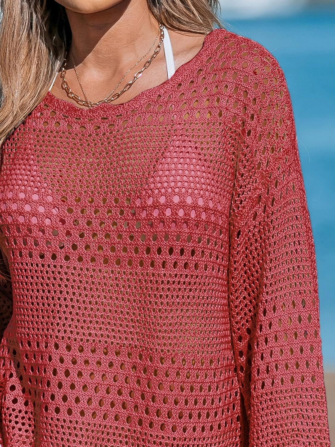 CUPSHE Women's Swimsuit Cover Up Crochet Bathing Suit Mesh Swimwear Knit Pullover Beach Dress