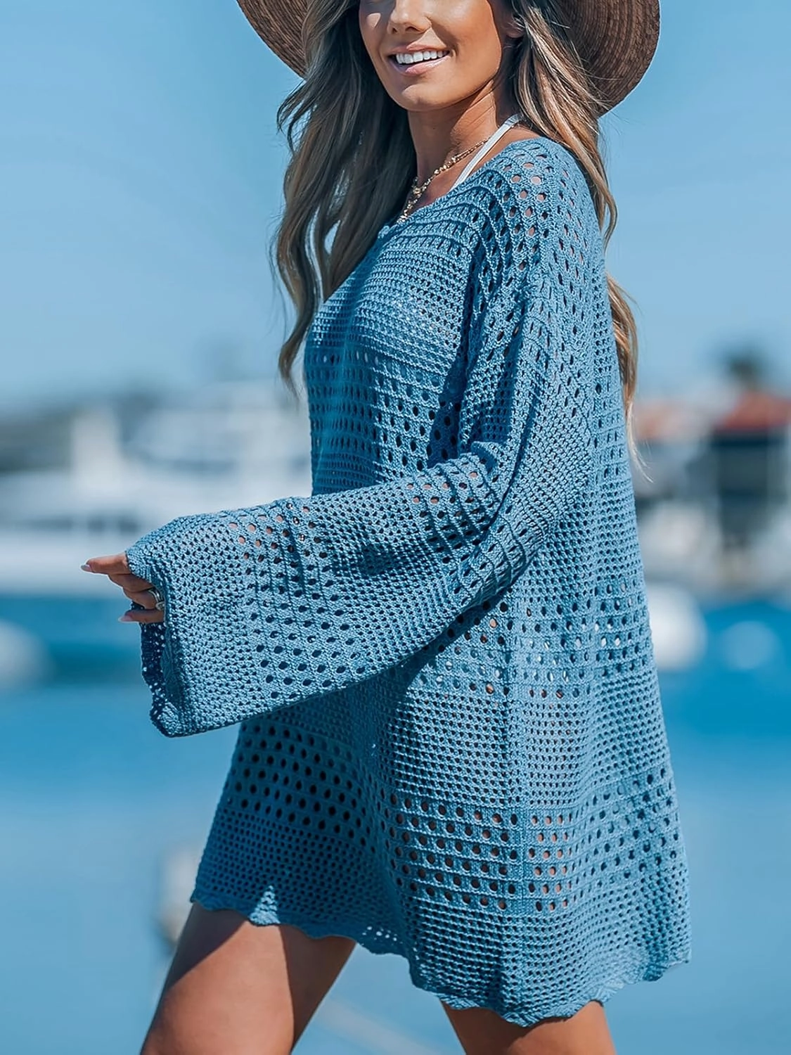 CUPSHE Women's Swimsuit Cover Up Crochet Bathing Suit Mesh Swimwear Knit Pullover Beach Dress