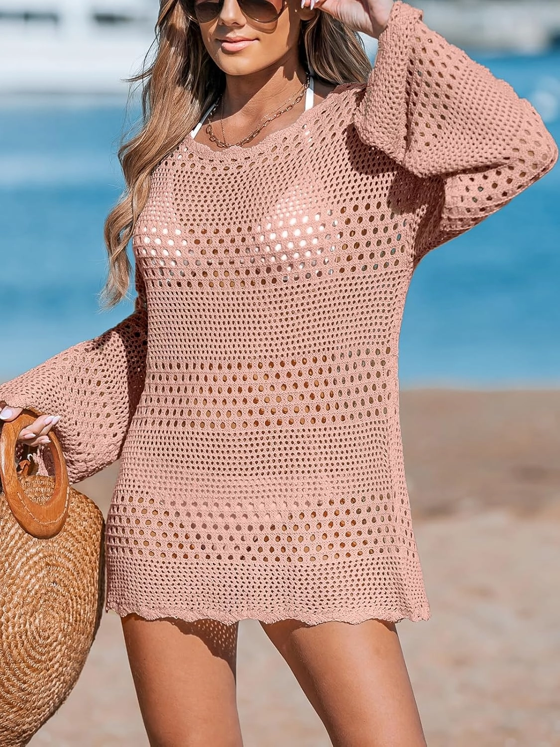 CUPSHE Women's Swimsuit Cover Up Crochet Bathing Suit Mesh Swimwear Knit Pullover Beach Dress