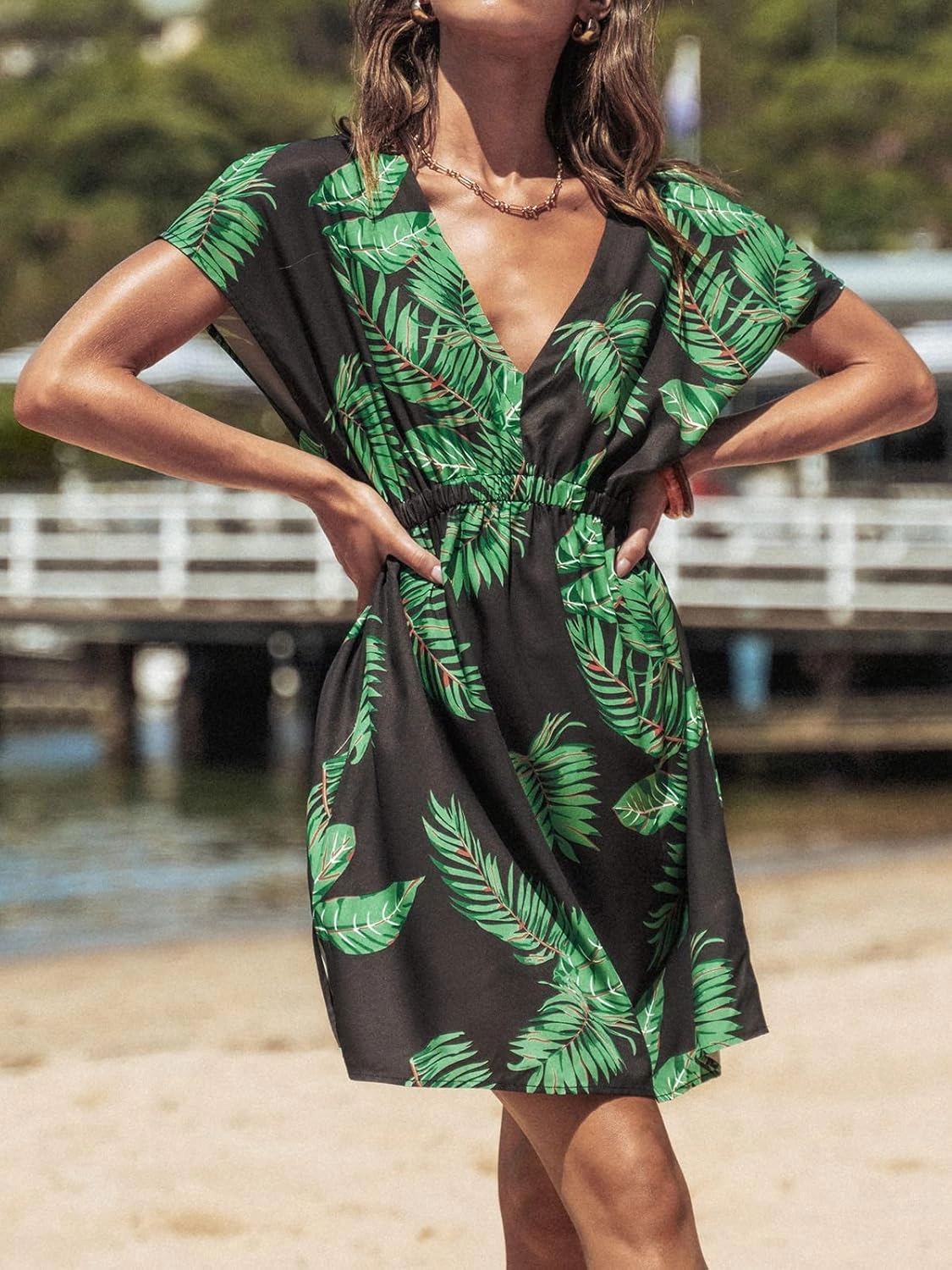 CUPSHE Women's Swimsuit Coverup Casual V Neck Beach Dress Short Sleeve Elastic Waist Swimwear Cover Ups 2025 Beachwear
