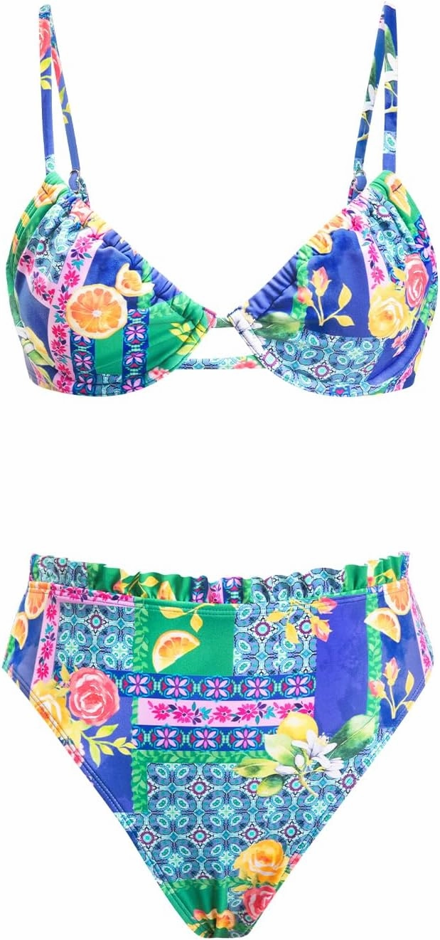 CUPSHE Women Swimsuit Bikini Set High Waisted Push Up Cheeky Drawstring Two Piece Bathing Suit