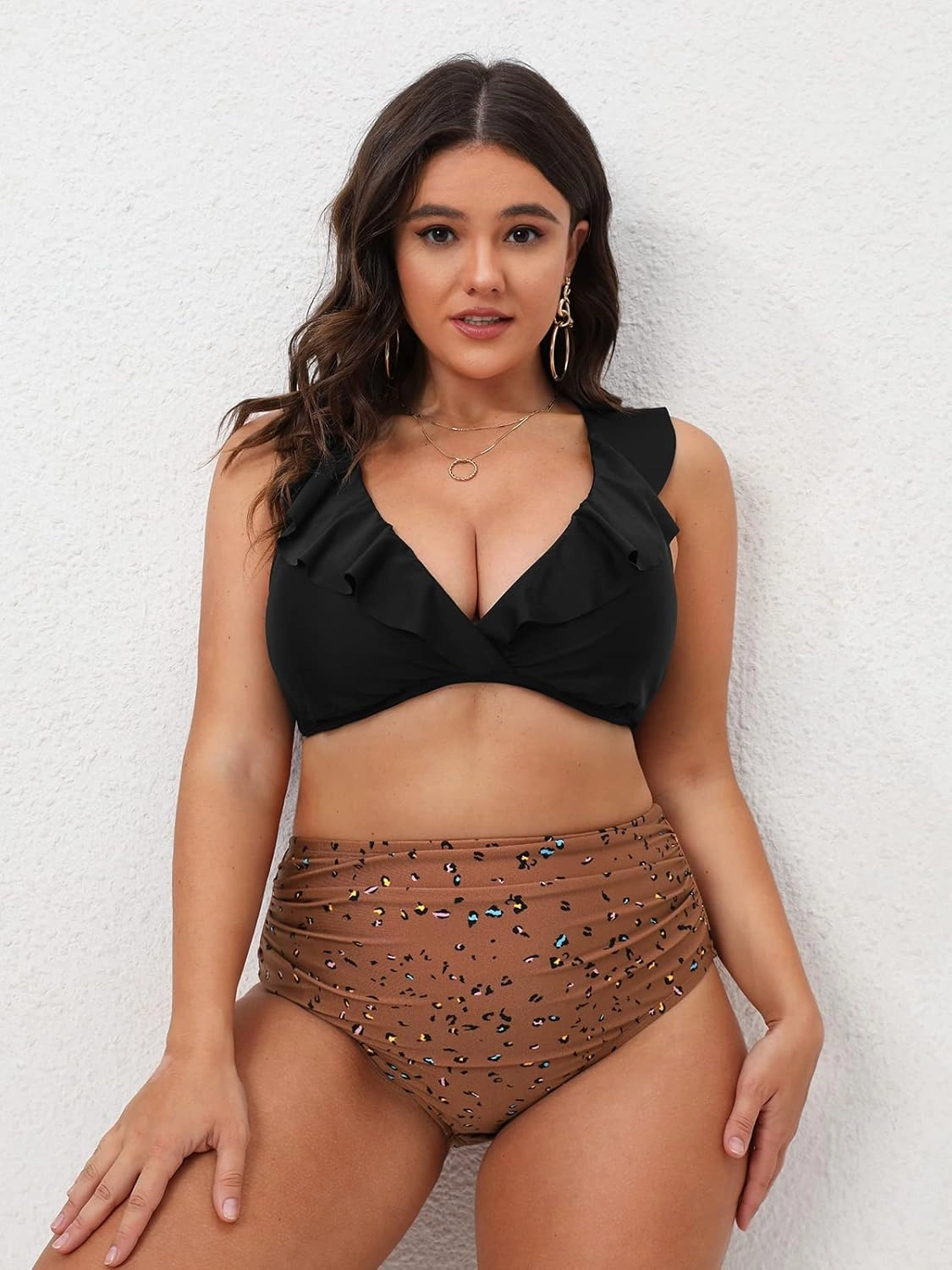 CUPSHE Women Swimsuit Plus Size Bikini Set High Waisted Ruffled Front Self Tie Back Ruched Bathing Suit