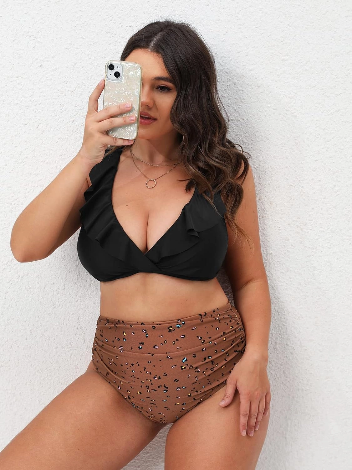 CUPSHE Women Swimsuit Plus Size Bikini Set High Waisted Ruffled Front Self Tie Back Ruched Bathing Suit