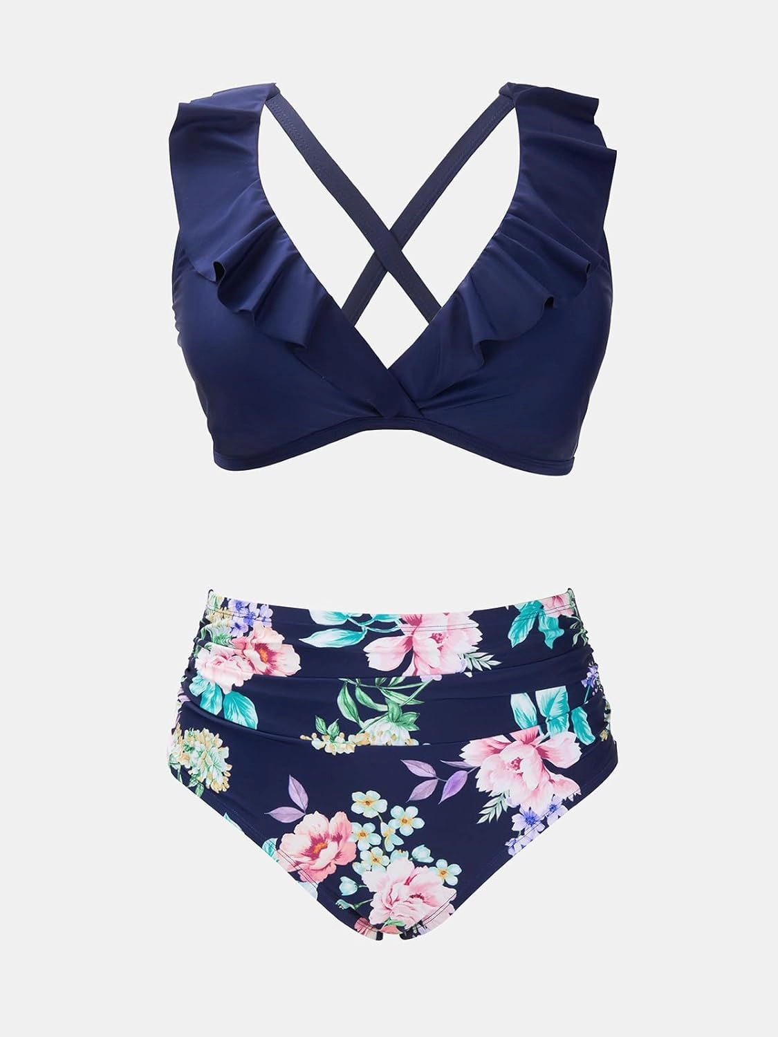CUPSHE Women Swimsuit Plus Size Bikini Set High Waisted Ruffled Front Self Tie Back Ruched Bathing Suit