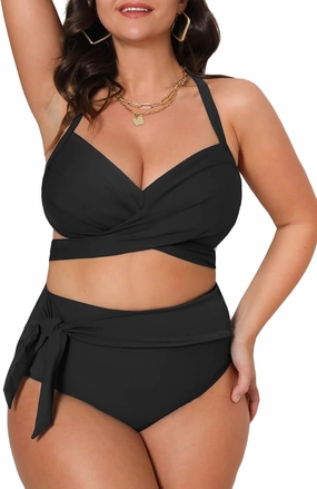 CUPSHE Women Swimsuit Plus Size Bikini Set High Waisted Wrapped Front Self Tie Back Knotted Bottom