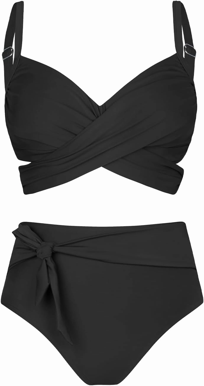 CUPSHE Women Swimsuit Plus Size Bikini Set High Waisted Wrapped Front Self Tie Back Knotted Bottom