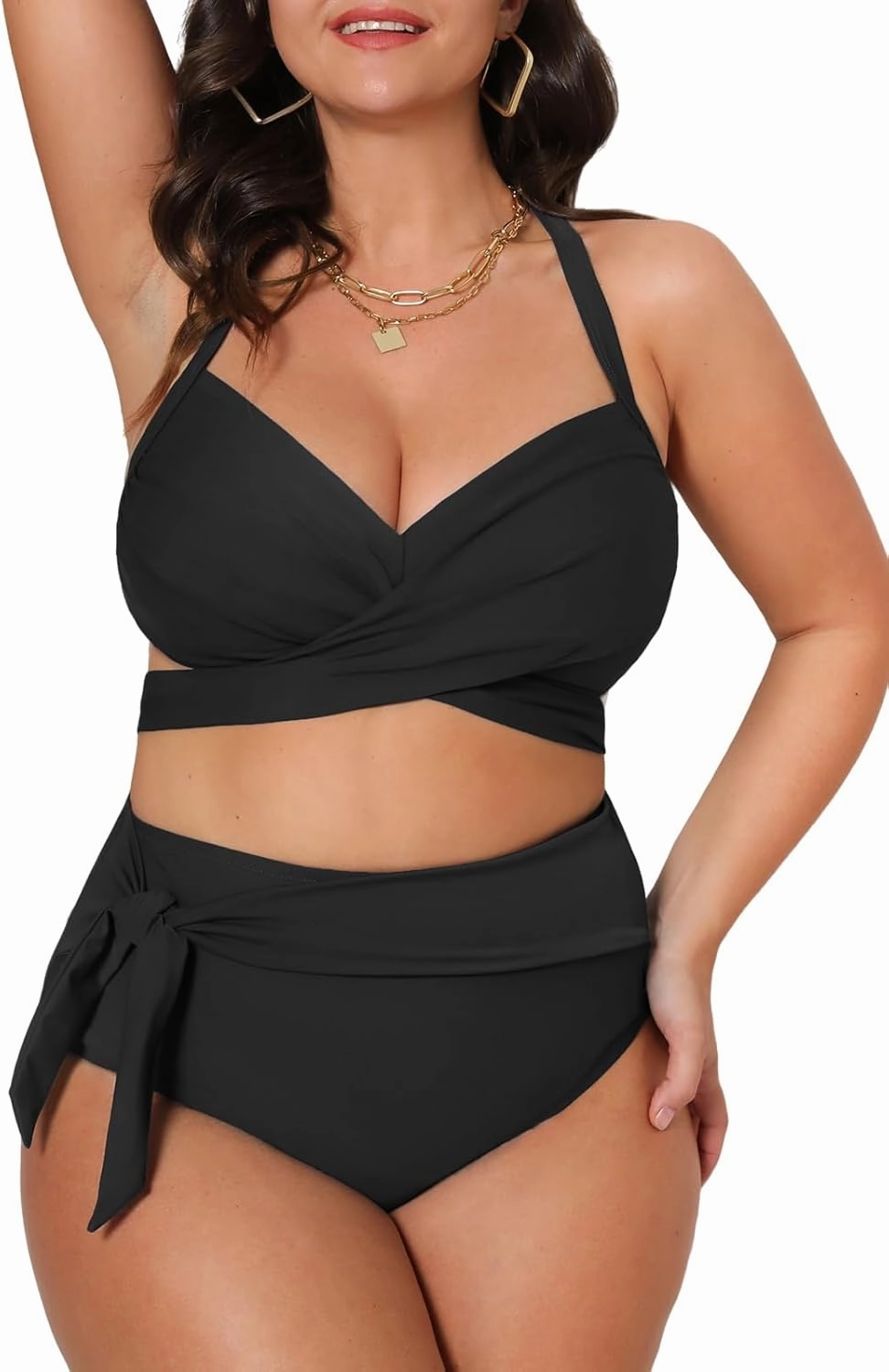 CUPSHE Women Swimsuit Plus Size Bikini Set High Waisted Wrapped Front Self Tie Back Knotted Bottom