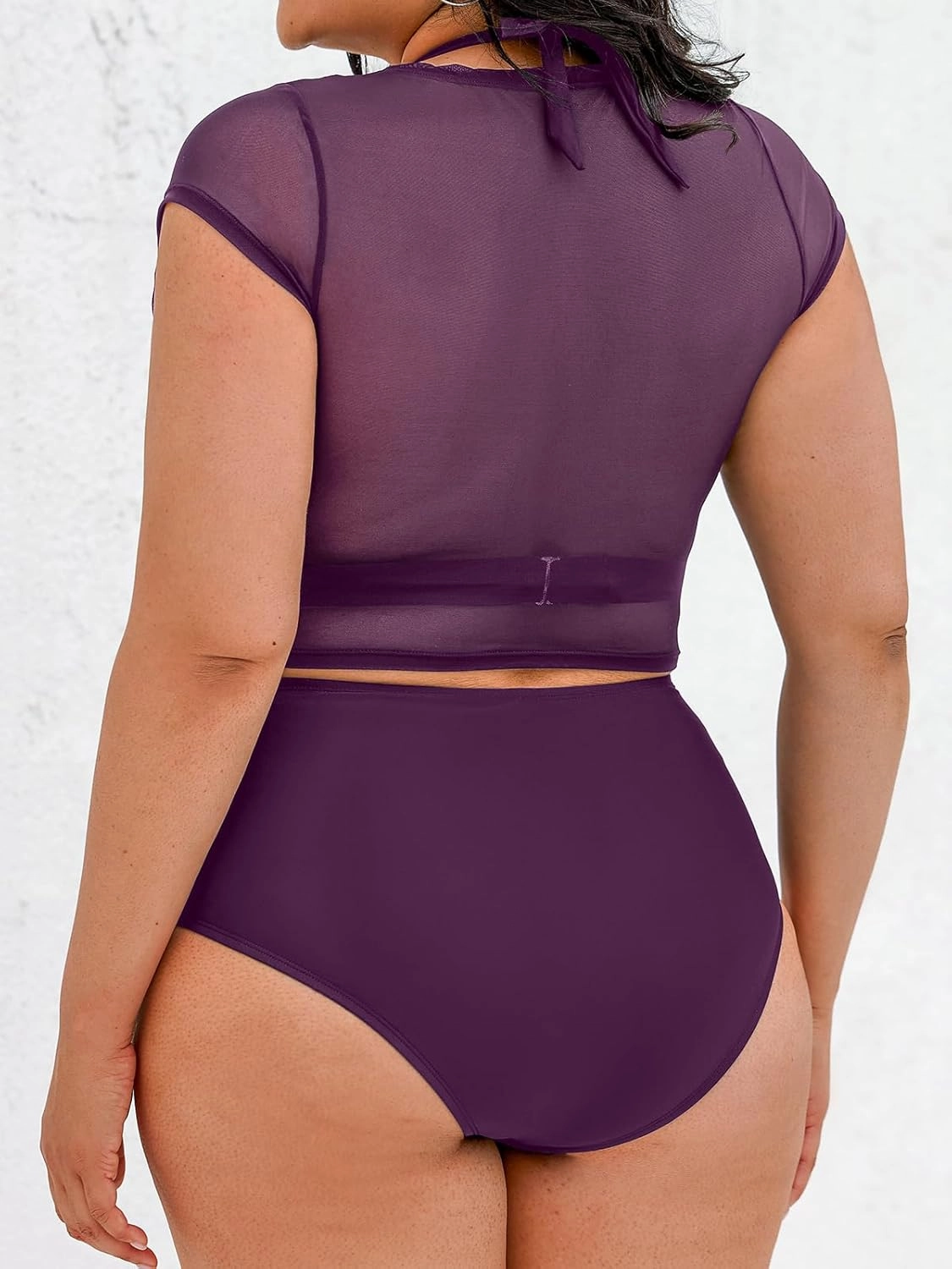 CUPSHE Women Swimsuit Plus Size Bikini Set Three Piece High Waisted Sheer Mesh Top Halter Ruched Bottom
