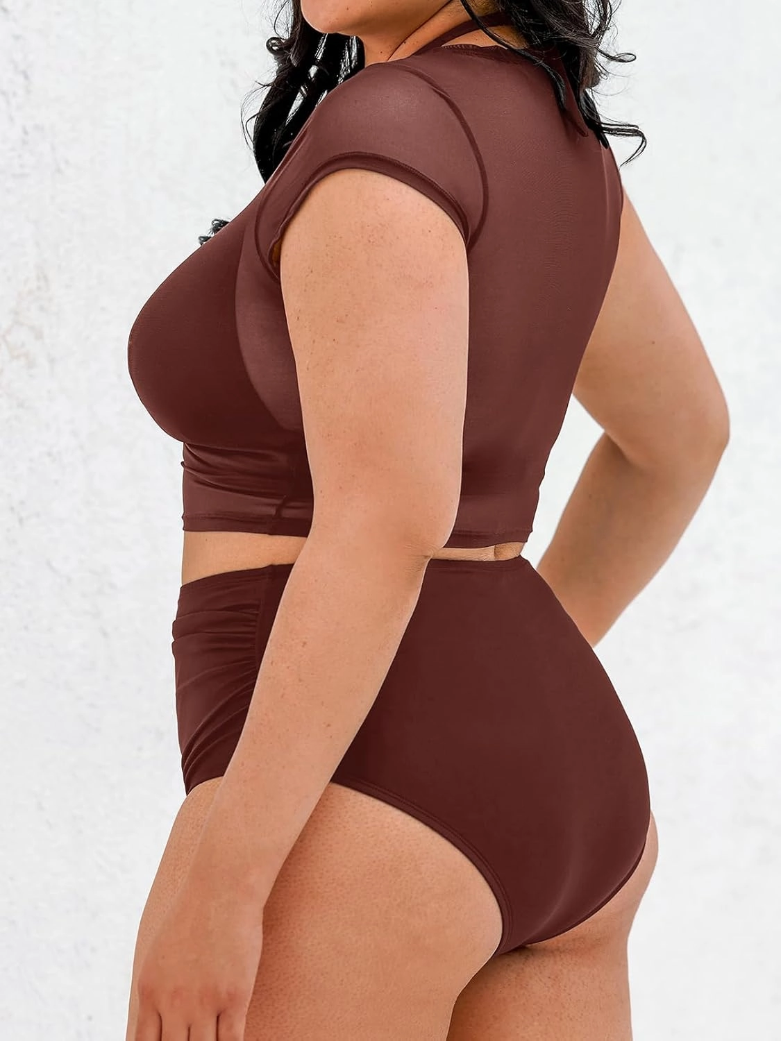 CUPSHE Women Swimsuit Plus Size Bikini Set Three Piece High Waisted Sheer Mesh Top Halter Ruched Bottom