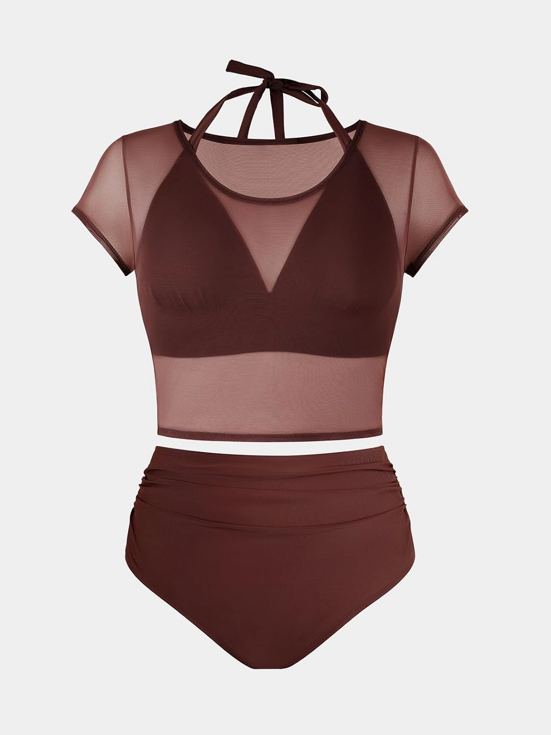 CUPSHE Women Swimsuit Plus Size Bikini Set Three Piece High Waisted Sheer Mesh Top Halter Ruched Bottom
