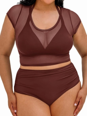 CUPSHE Women Swimsuit Plus Size Bikini Set Three Piece High Waisted Sheer Mesh Top Halter Ruched Bottom