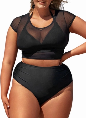 CUPSHE Women Swimsuit Plus Size Bikini Set Three Piece High Waisted Sheer Mesh Top Halter Ruched Bottom