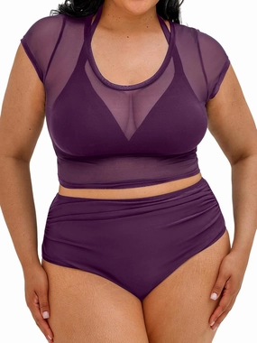CUPSHE Women Swimsuit Plus Size Bikini Set Three Piece High Waisted Sheer Mesh Top Halter Ruched Bottom