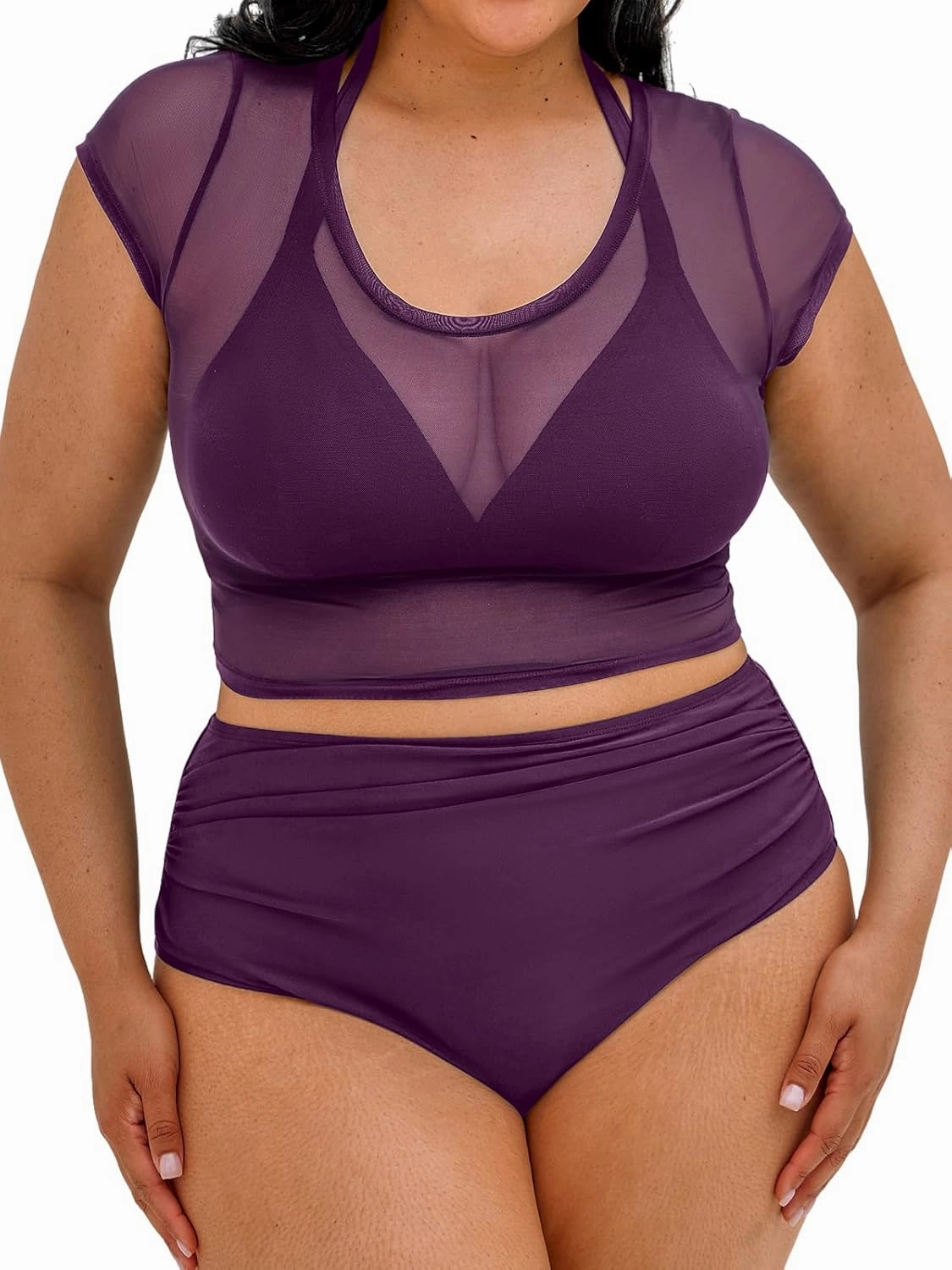 CUPSHE Women Swimsuit Plus Size Bikini Set Three Piece High Waisted Sheer Mesh Top Halter Ruched Bottom