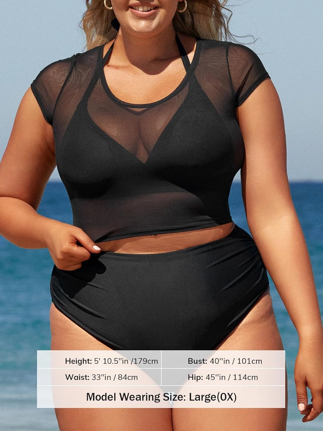 CUPSHE Women Swimsuit Plus Size Bikini Set Three Piece High Waisted Sheer Mesh Top Halter Ruched Bottom