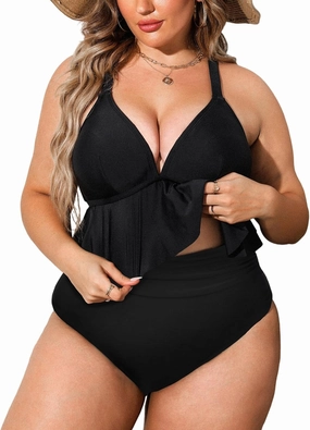 CUPSHE Women Swimsuit Plus Size Bikini Set Two Piece Bathing Suit V Neck High Waisted Flowy Ruffle Hem Floral