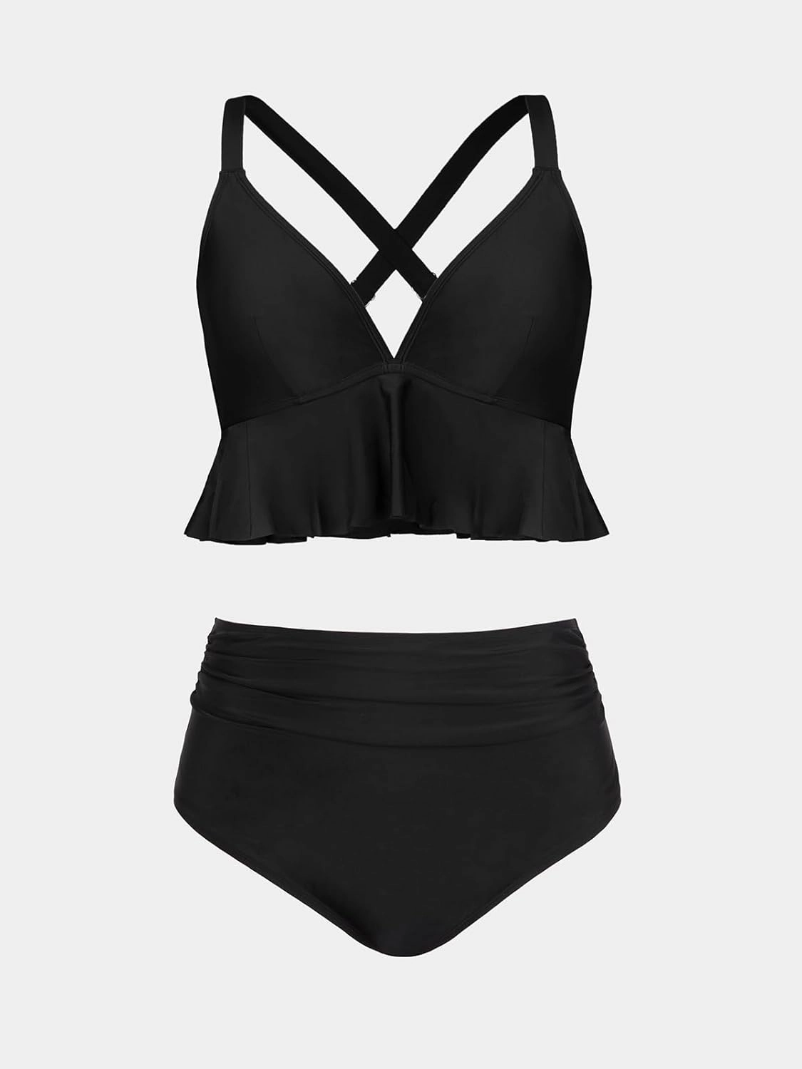 CUPSHE Women Swimsuit Plus Size Bikini Set Two Piece Bathing Suit V Neck High Waisted Flowy Ruffle Hem Floral