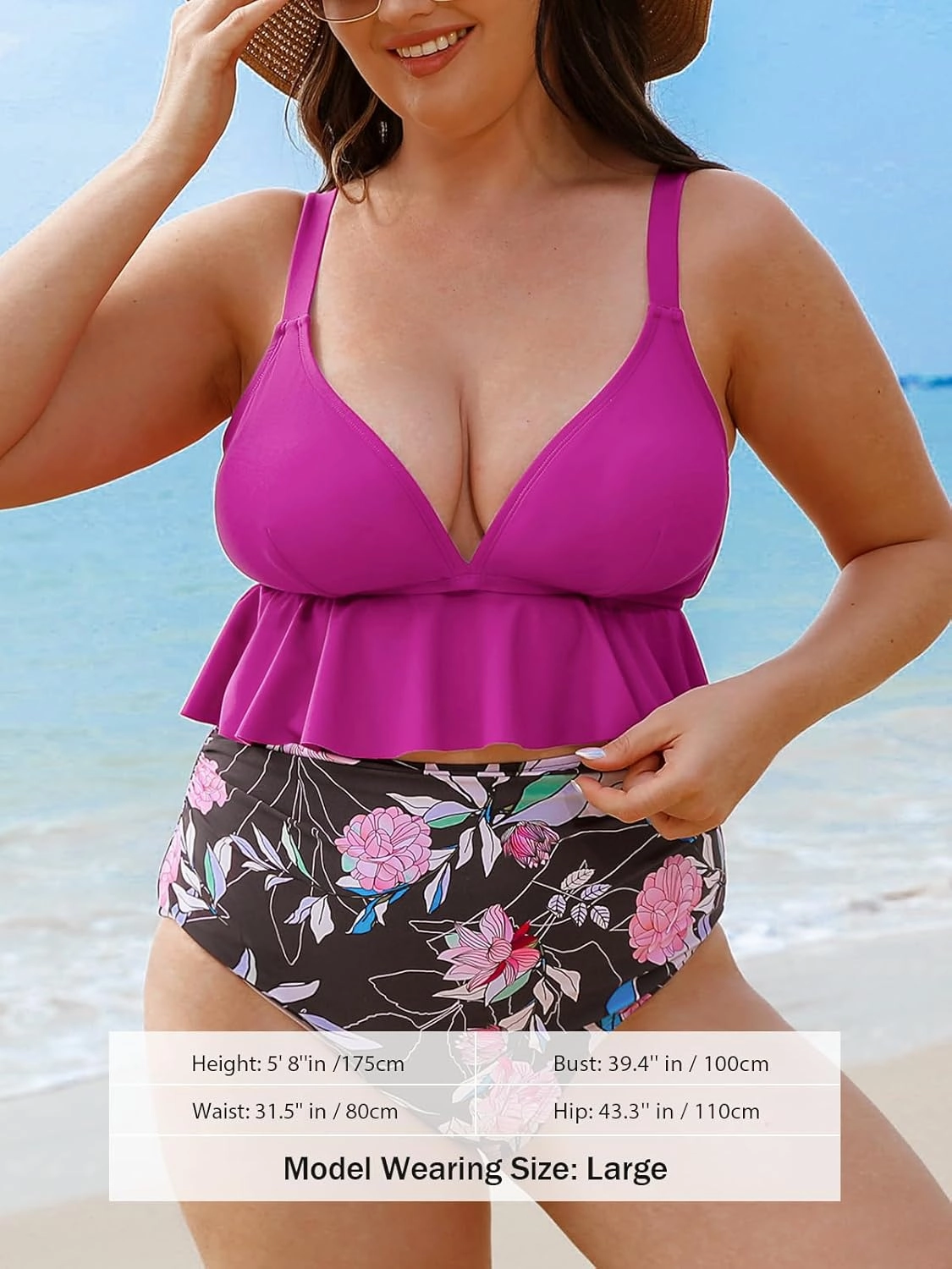 CUPSHE Women Swimsuit Plus Size Bikini Set Two Piece Bathing Suit V Neck High Waisted Flowy Ruffle Hem Floral