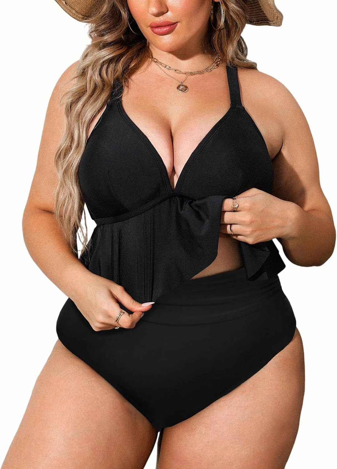 CUPSHE Women Swimsuit Plus Size Bikini Set Two Piece Bathing Suit V Neck High Waisted Flowy Ruffle Hem Floral